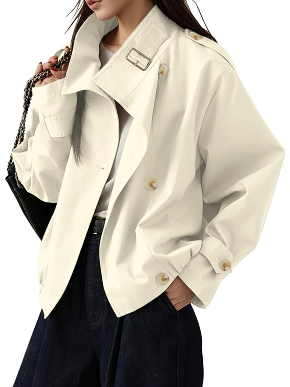 Women’s Beige Funnel Neck Vintage Cropped Jacket Elastic Hem Trench Coat